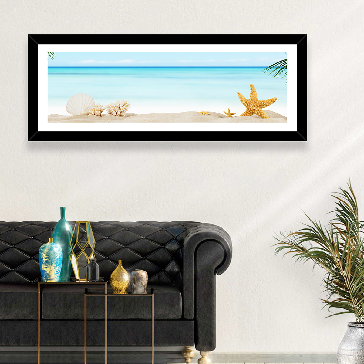 Seashell and Starfish Beach Still Life Wall Art in a room, panoramic