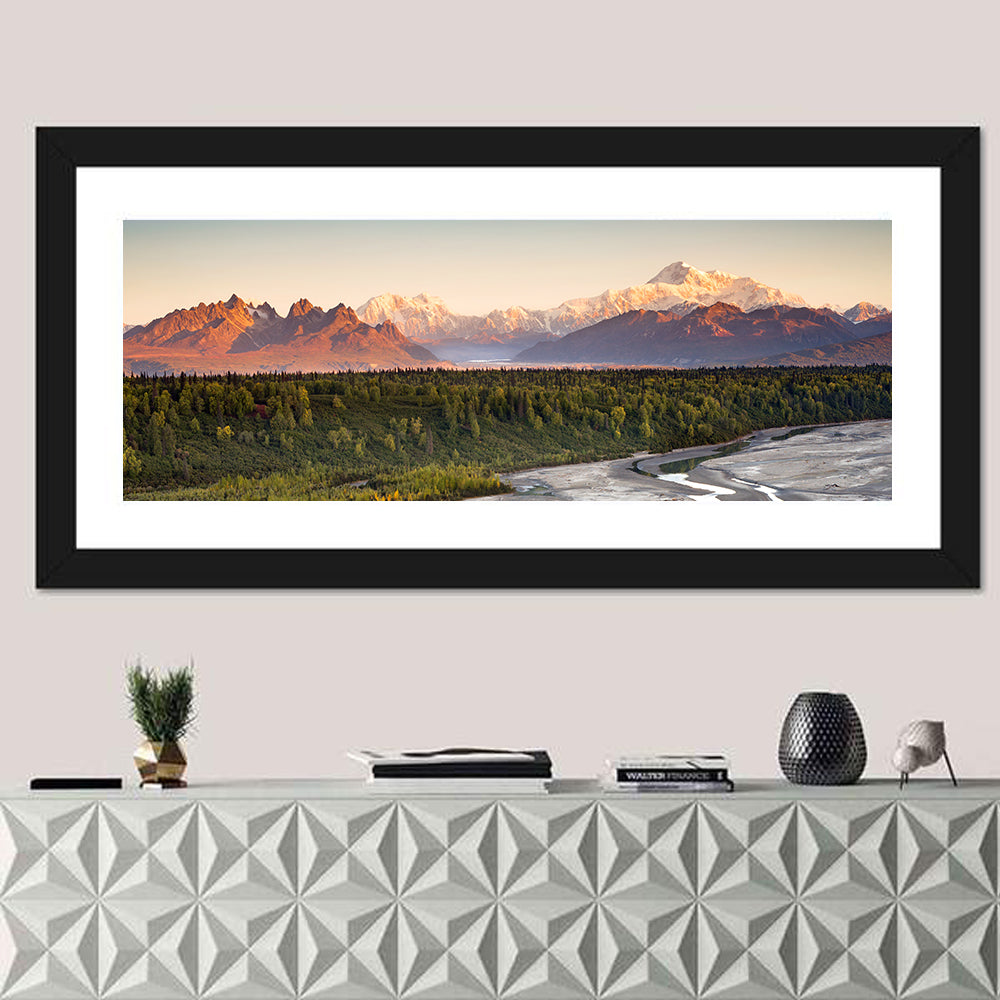 Denali Sunrise Over Boreal Forest Wall Art in a room, panoramic