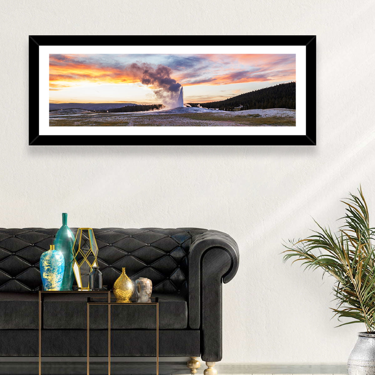 Old Faithful Erupting at Sunset Wall Art