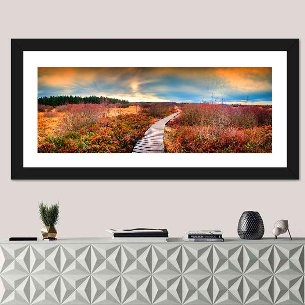 Autumn Heathland Boardwalk Wall Art in a room, panoramic
