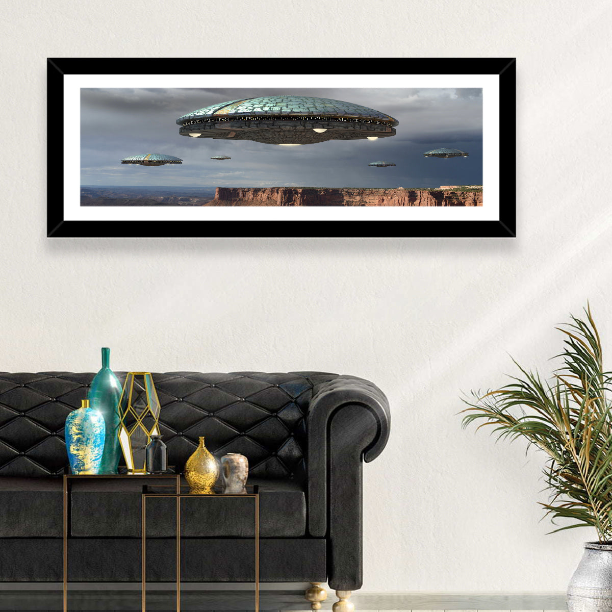 Ufos Over Stormy Canyon Wall Art in a room, panoramic