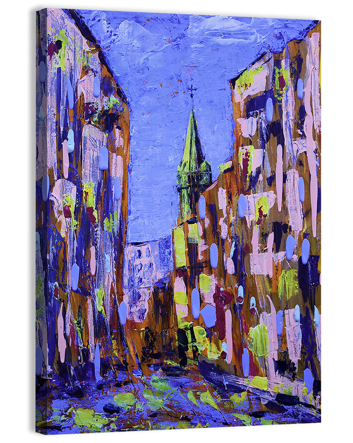 Old City Street with Steeple Wall Art as a canvas print