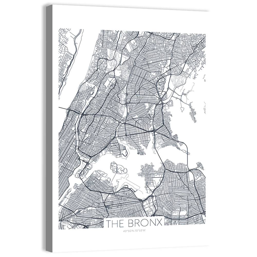 Bronx Black and White Map Wall Art, canvas print, portrait
