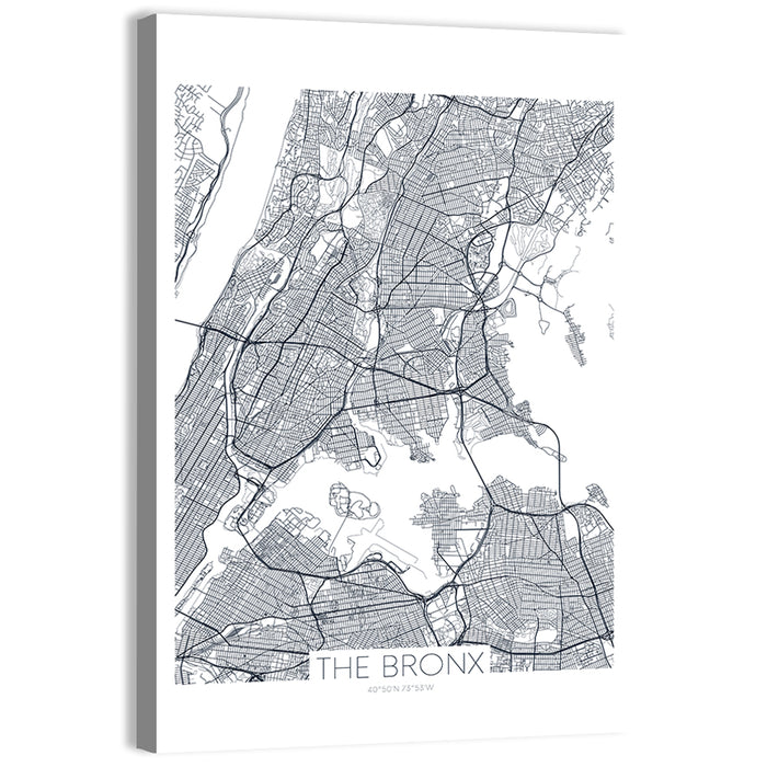 Bronx Black and White Map Wall Art as a canvas print