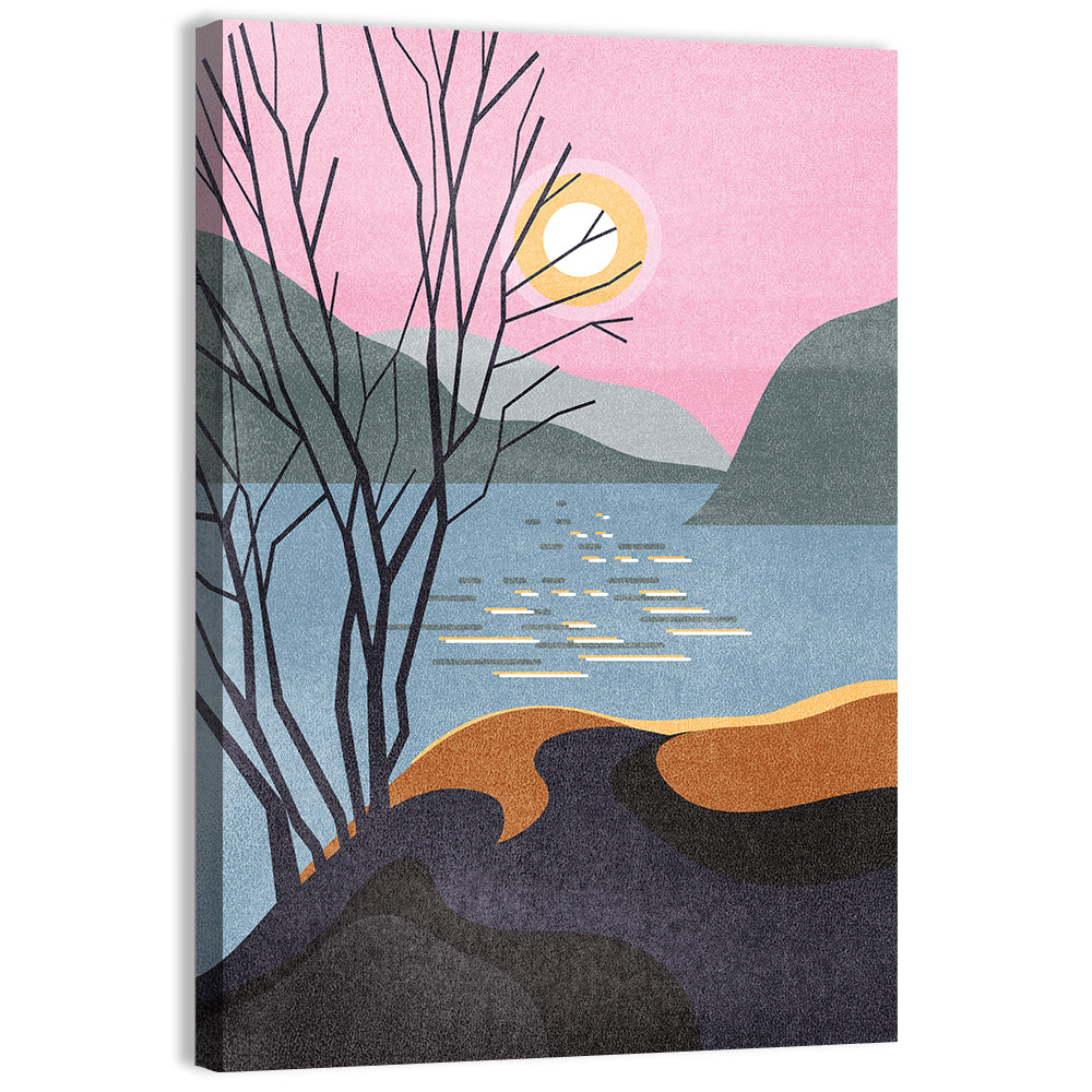 Sunset Over Lake with Bare Tree Wall Art, canvas print, portrait
