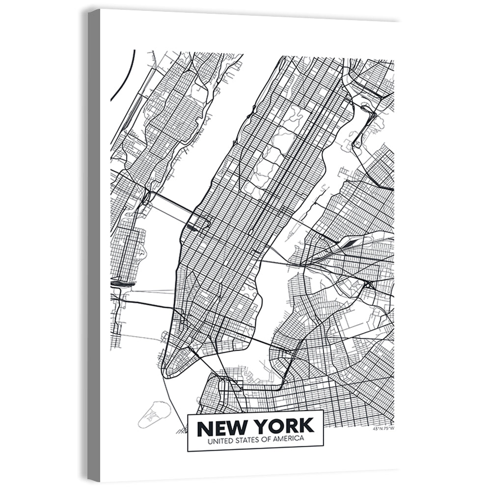 Manhattan Map, Black and White Wall Art, canvas print, portrait