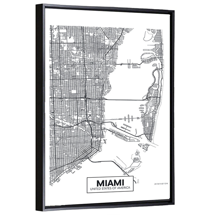 Miami City Map Wall Art as a framed canvas