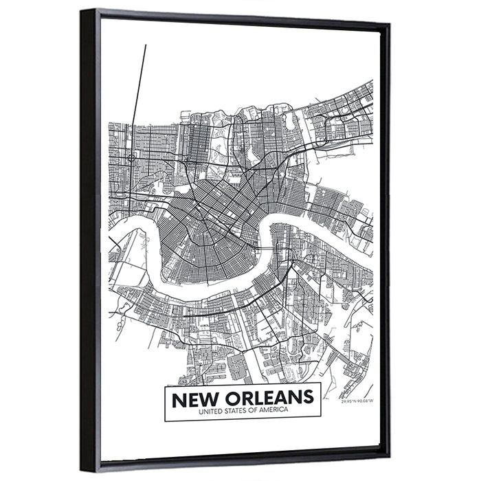 New Orleans Minimalist City Map Wall Art as a framed canvas