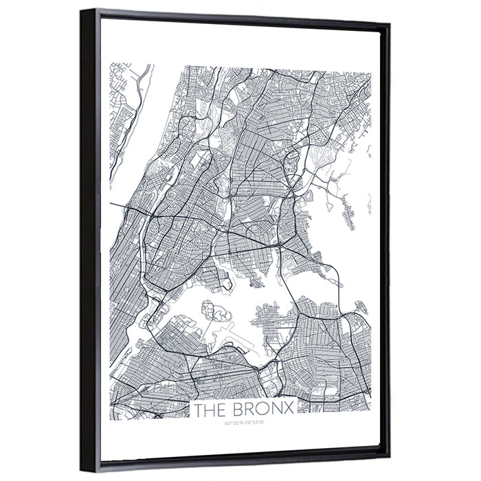 Bronx Black and White Map Wall Art as a framed canvas