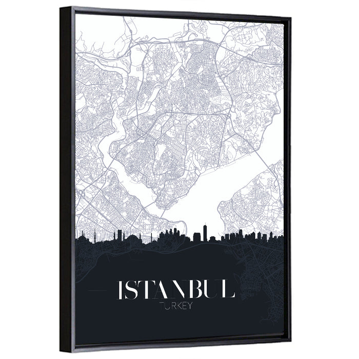 Istanbul Map and Skyline Wall Art as a framed canvas