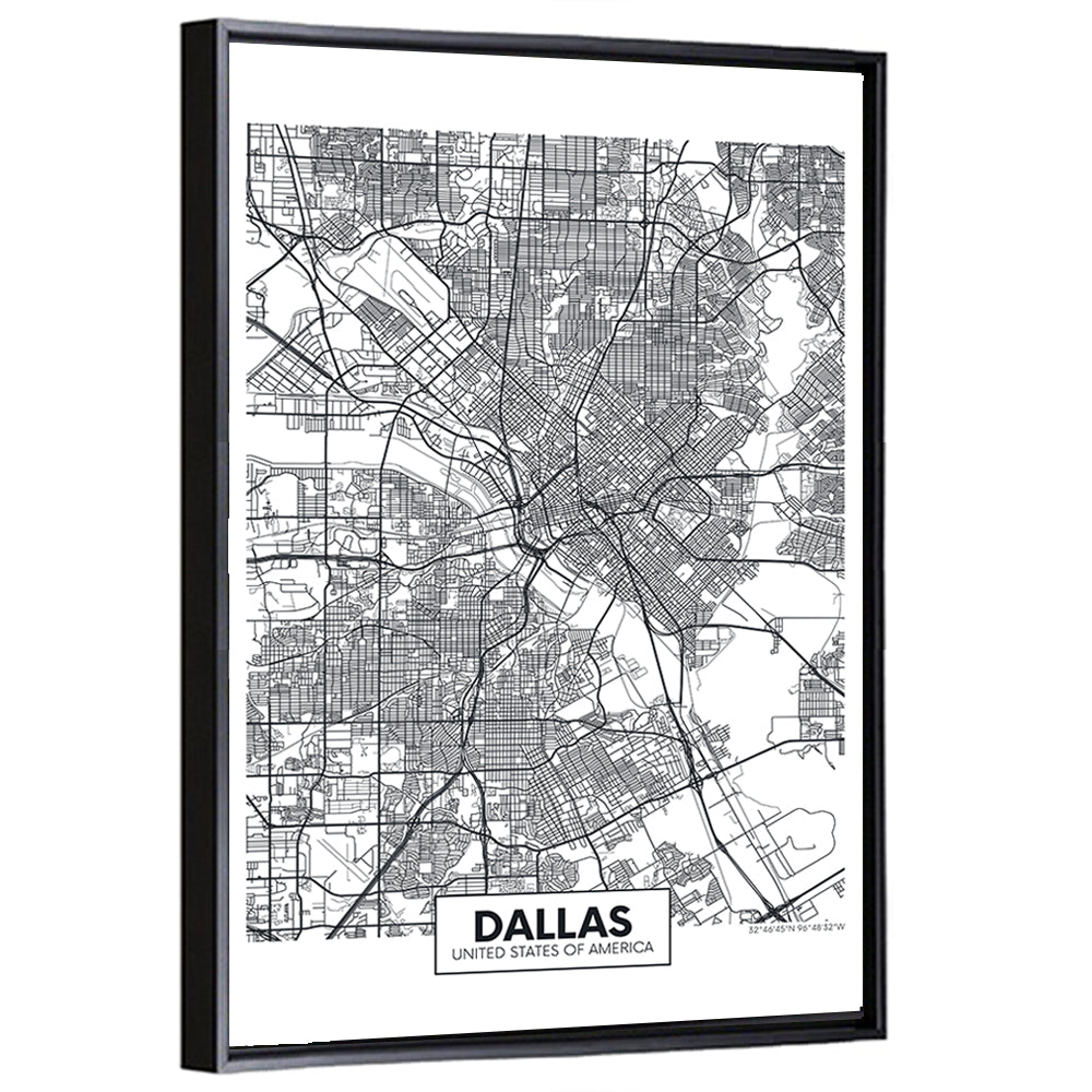 Dallas City Map with Coordinates Wall Art