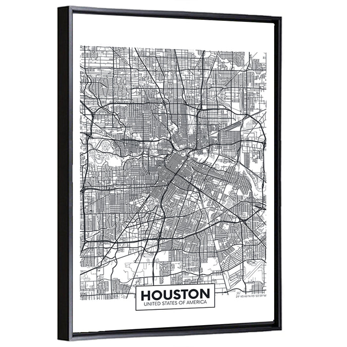Houston Street Grid Map Wall Art as a framed canvas