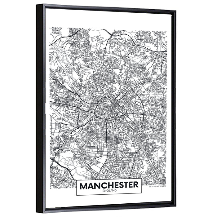 Manchester City Map, Minimalist Wall Art as a framed canvas