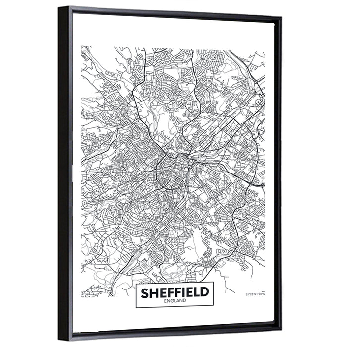 Sheffield Street Grid Map Wall Art as a framed canvas