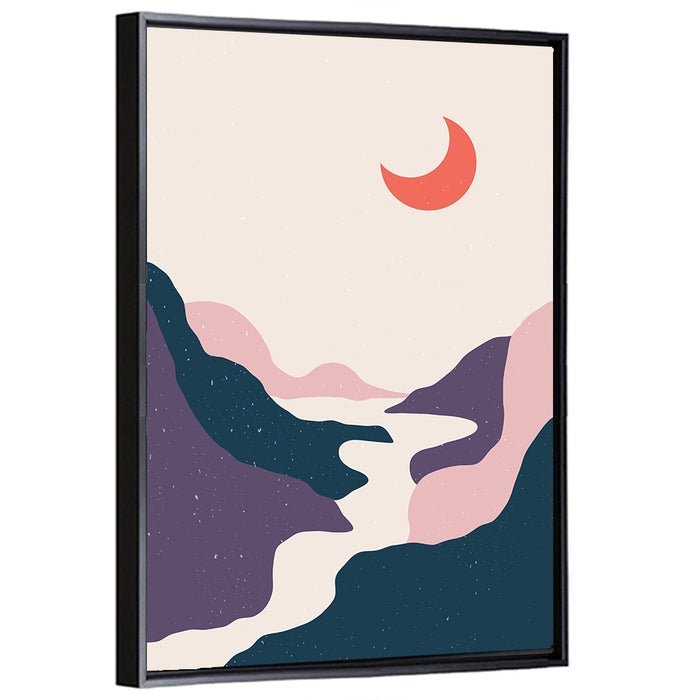 Crescent Moon Over Mountain Stream Wall Art as a framed canvas