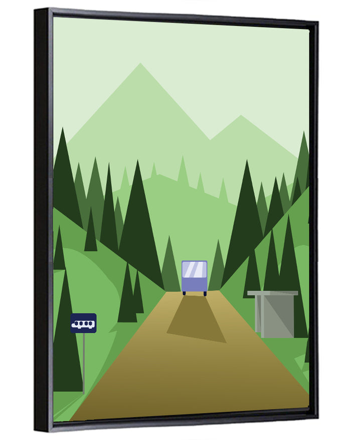 Mountain Road Bus Stop Illustration Wall Art as a framed canvas