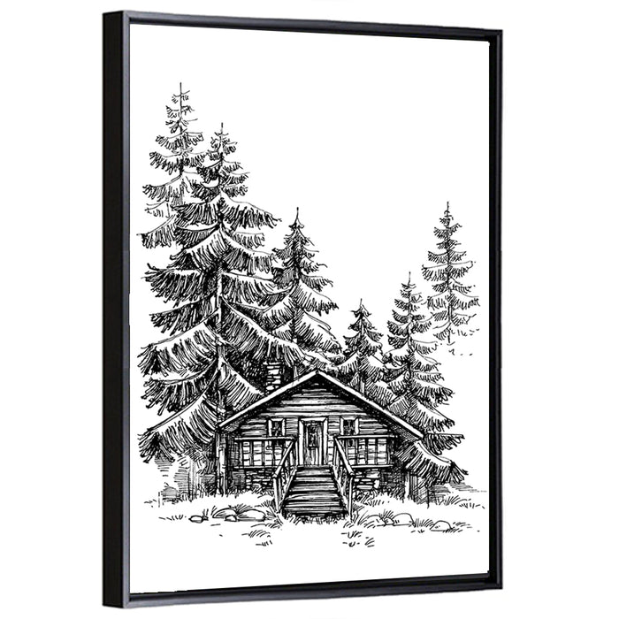 Log Cabin Sketch Wall Art as a framed canvas