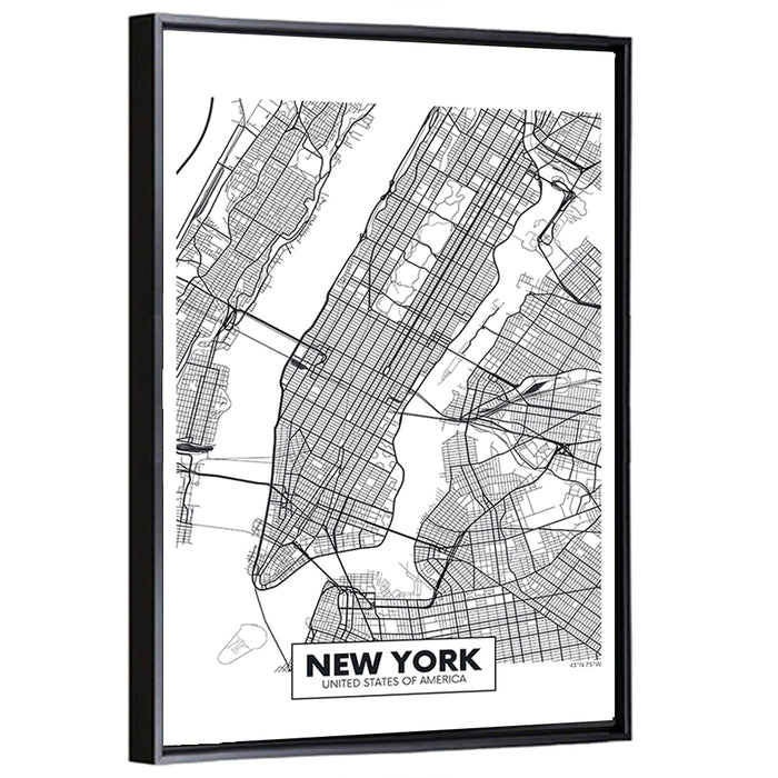 Manhattan Map, Black and White Wall Art as a framed canvas