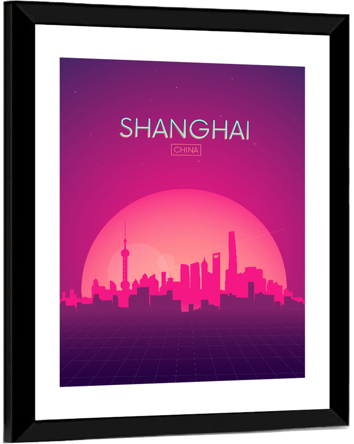 Shanghai Neon Sunset Skyline Wall Art as a framed print