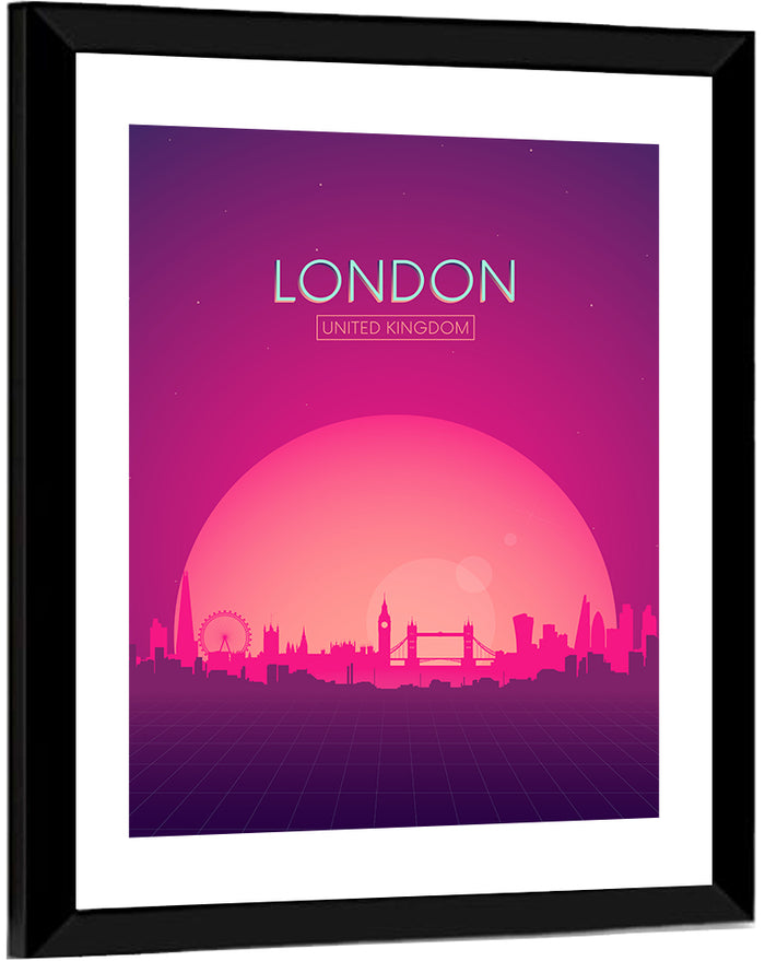 Retro London Sunset Skyline Wall Art as a framed print