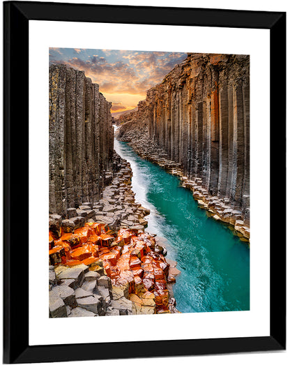 Stuðlagil Canyon Basalt Columns at Golden Hour Wall Art