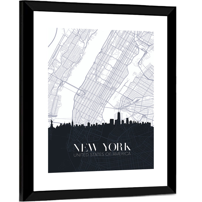 Manhattan Map with Skyline Wall Art as a framed print