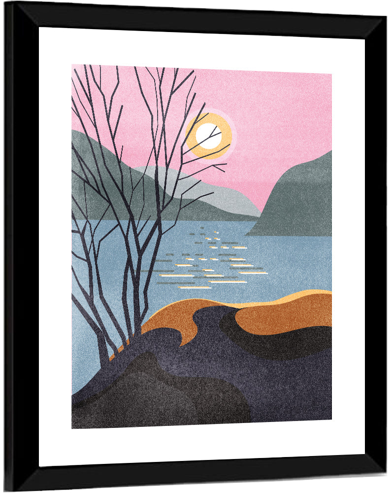 Sunset Over Lake with Bare Tree Wall Art