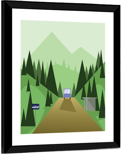 Mountain Road Bus Stop Illustration Wall Art