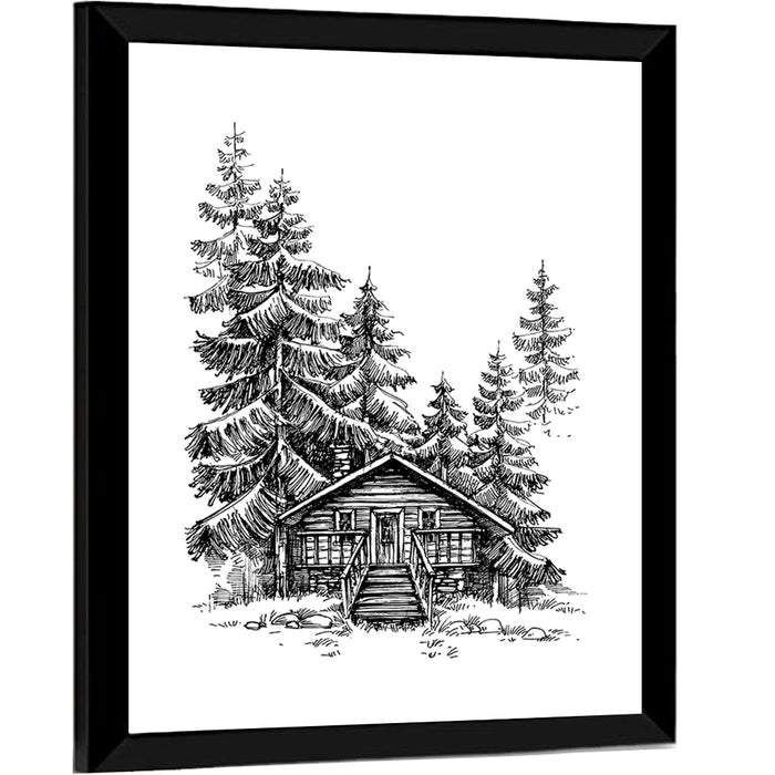 Log Cabin Sketch Wall Art as a framed print