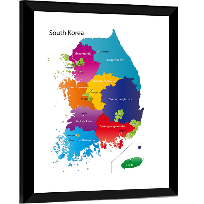 Colorful South Korea Map Wall Art as a framed print