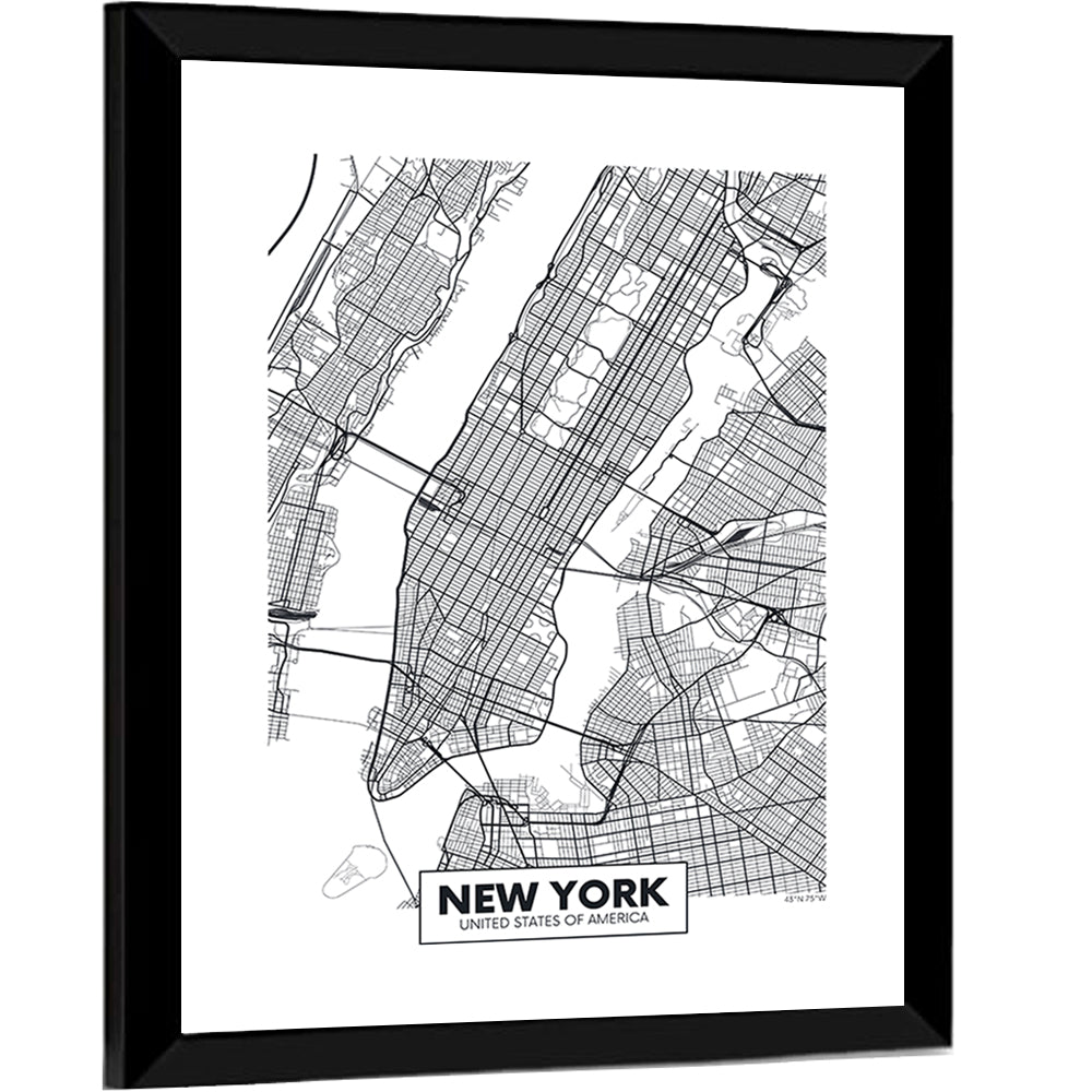 Manhattan Map, Black and White Wall Art