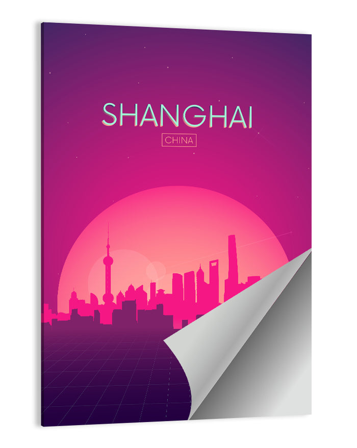 Shanghai Neon Sunset Skyline Wall Art as a poster print