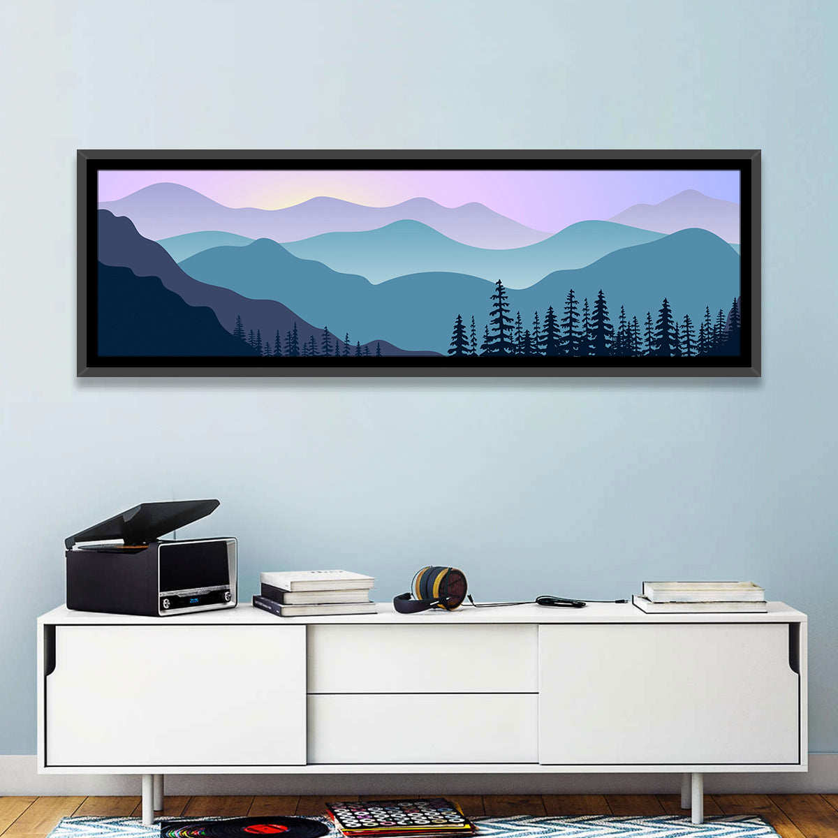 Purple Dawn Mountain Range Wall Art in a room, panoramic