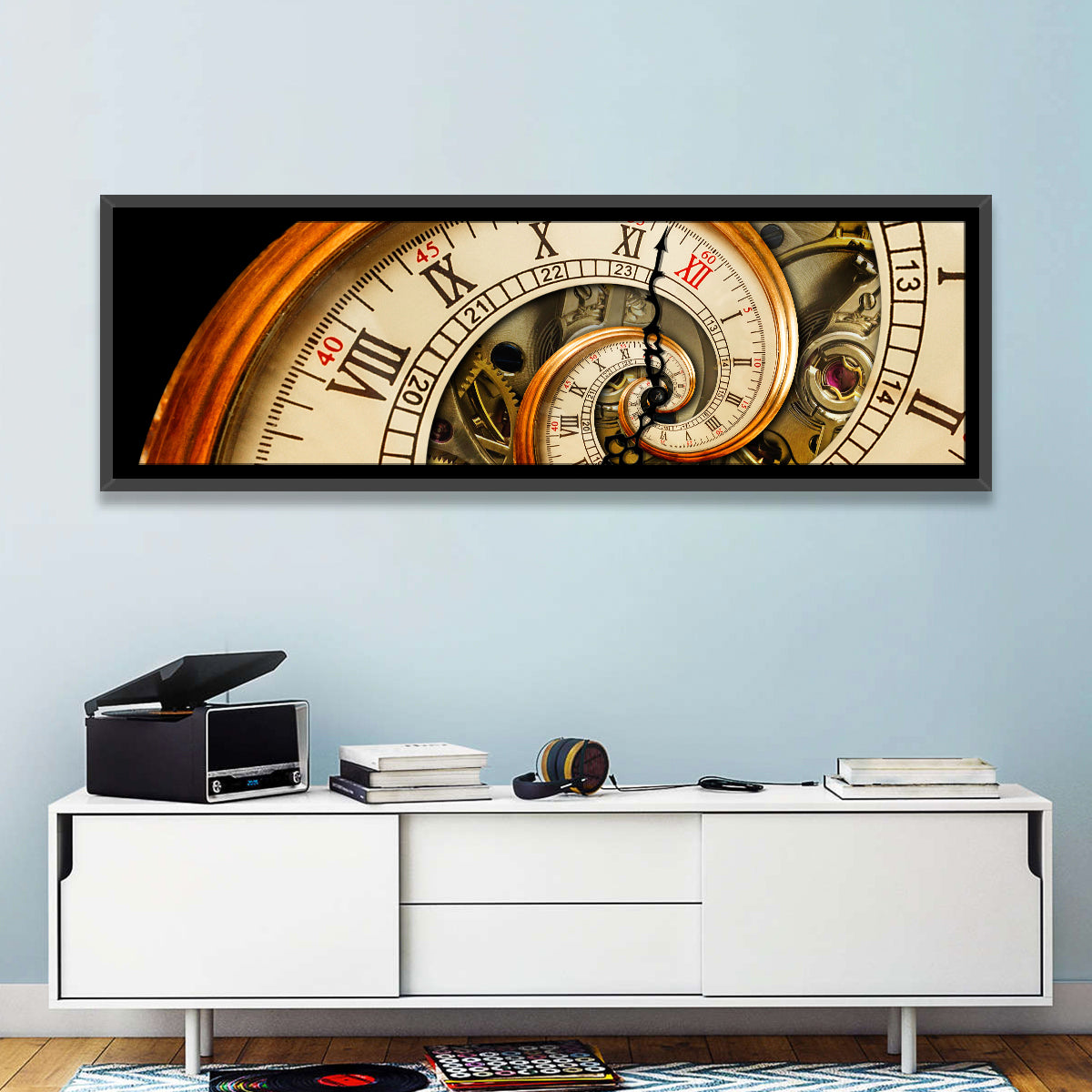 Antique Spiral Clock Face Wall Art in a room, panoramic
