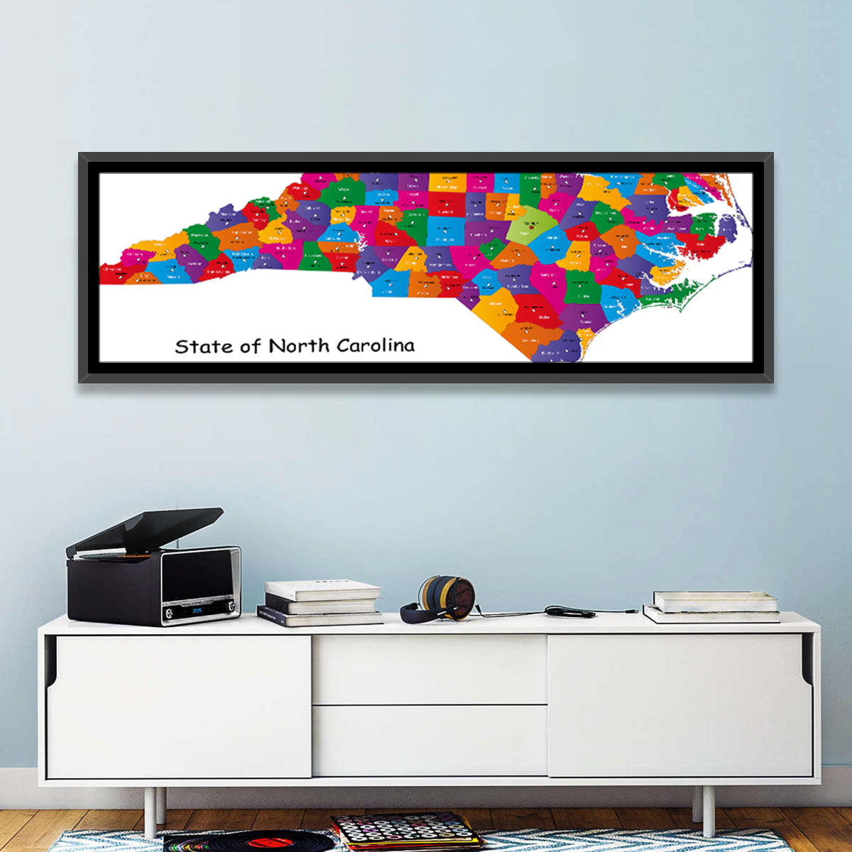 Colorful North Carolina Map Wall Art in a room, panoramic