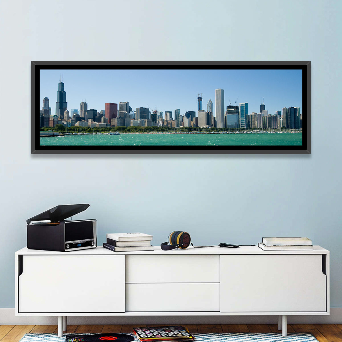 Chicago Skyline with Willis Tower Wall Art in a room, panoramic