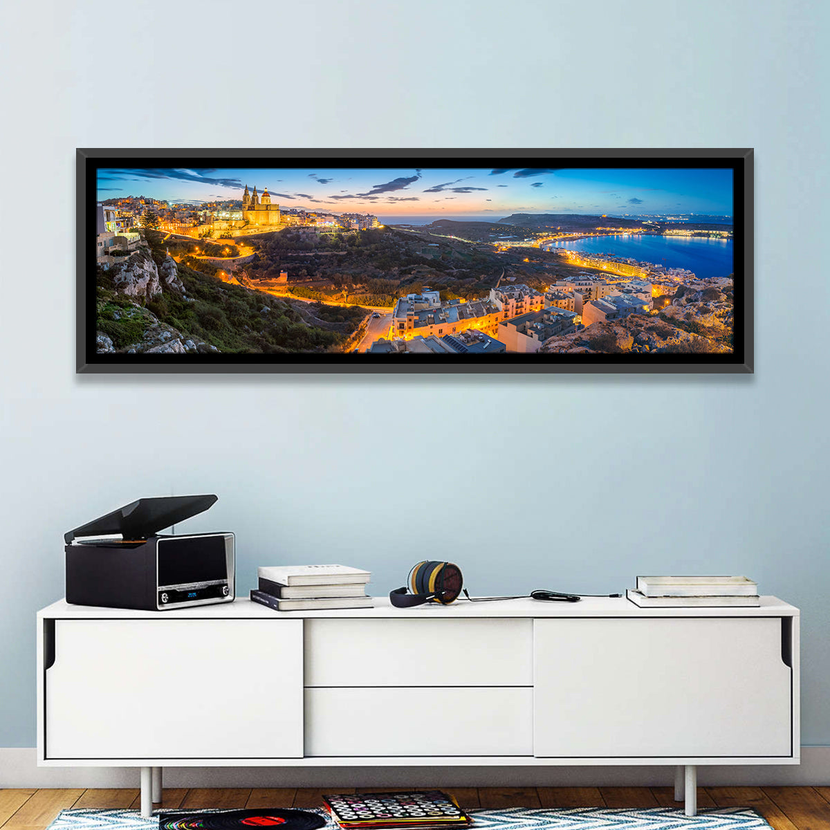 Mellieha Bay at Dusk Wall Art in a room, panoramic