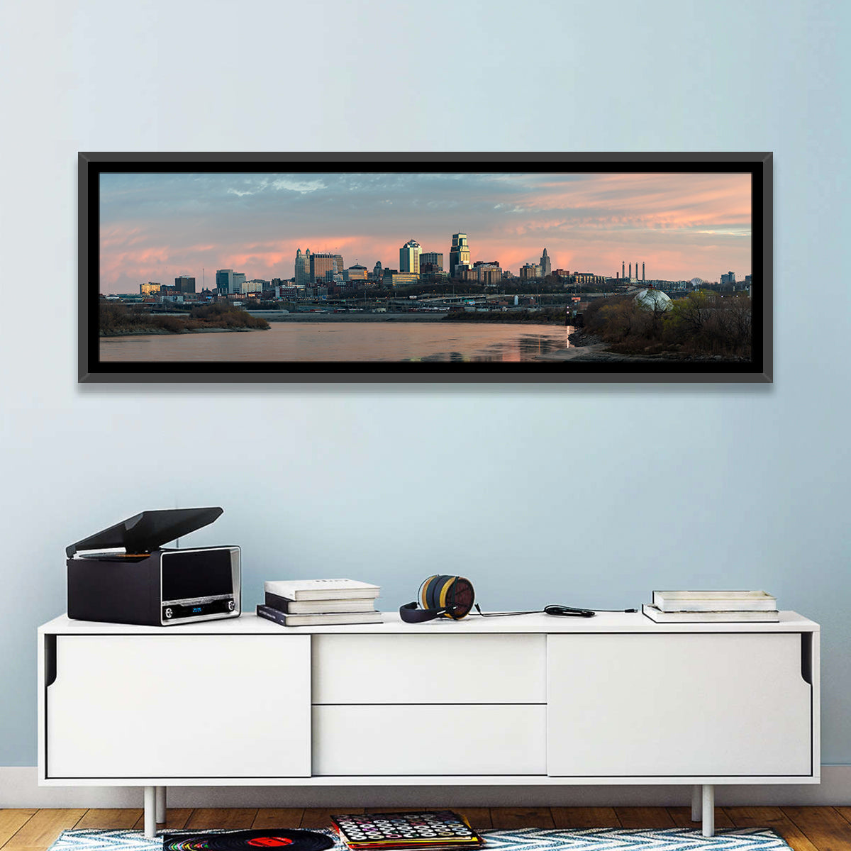 Kansas City Sunset Skyline Wall Art in a room, panoramic