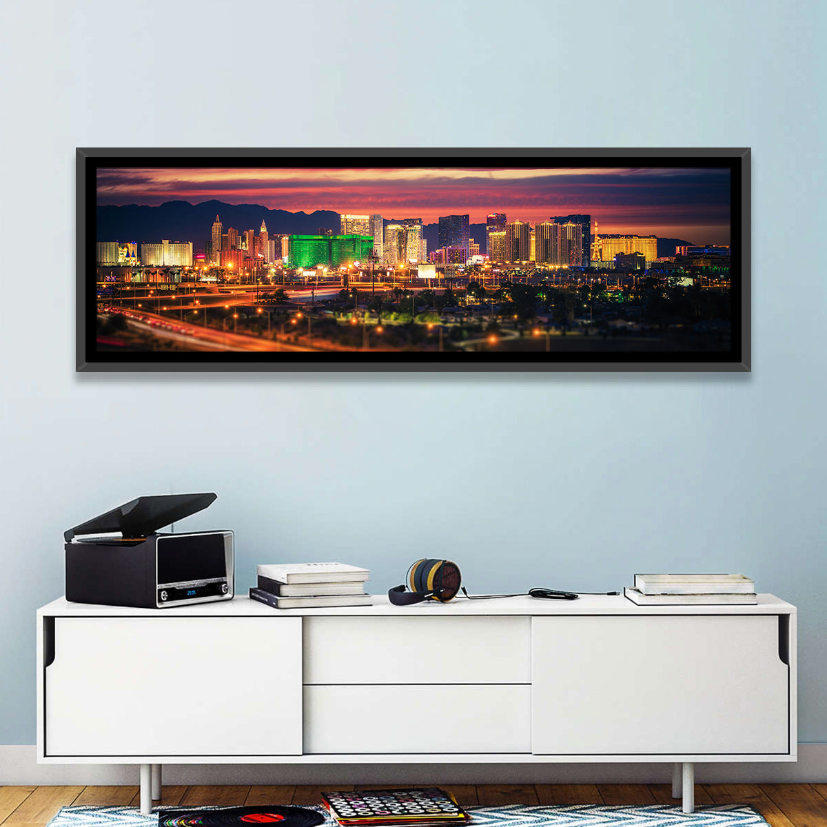 Las Vegas Twilight Skyline Wall Art in a room, panoramic