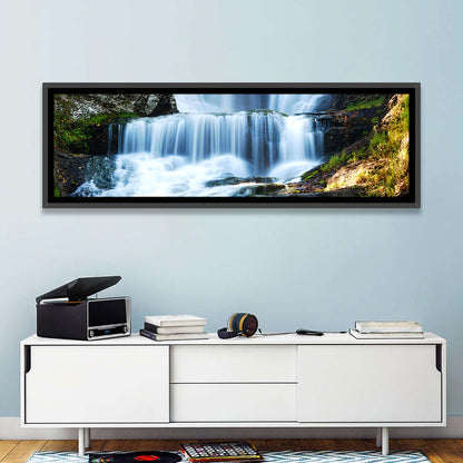 White Waterfall Over Mossy Rocks Wall Art