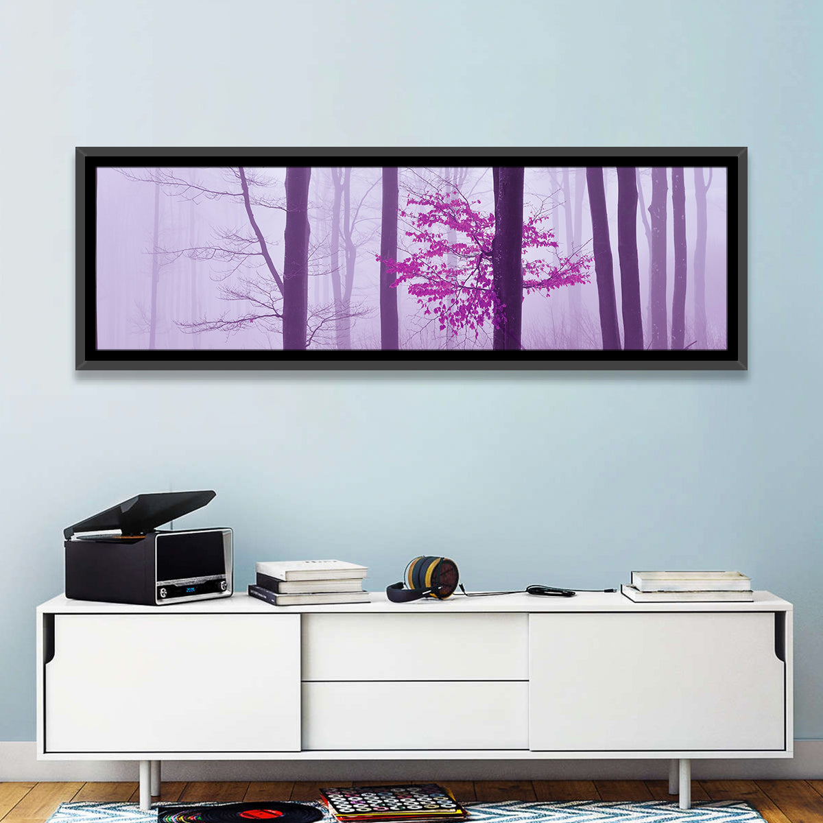 Magenta Tree in Foggy Forest Wall Art in a room, panoramic