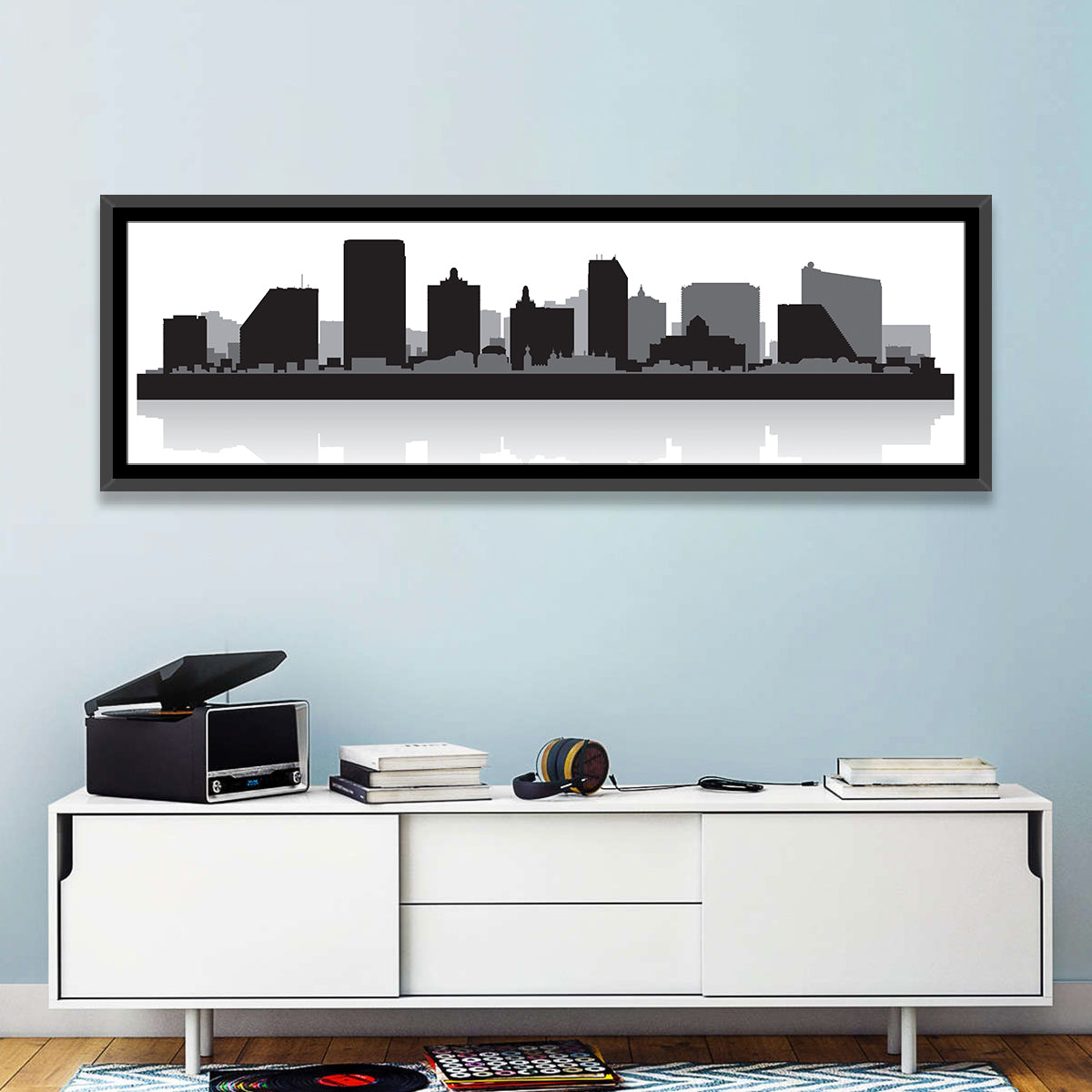 Atlantic City Skyline Wall Art in a room, panoramic