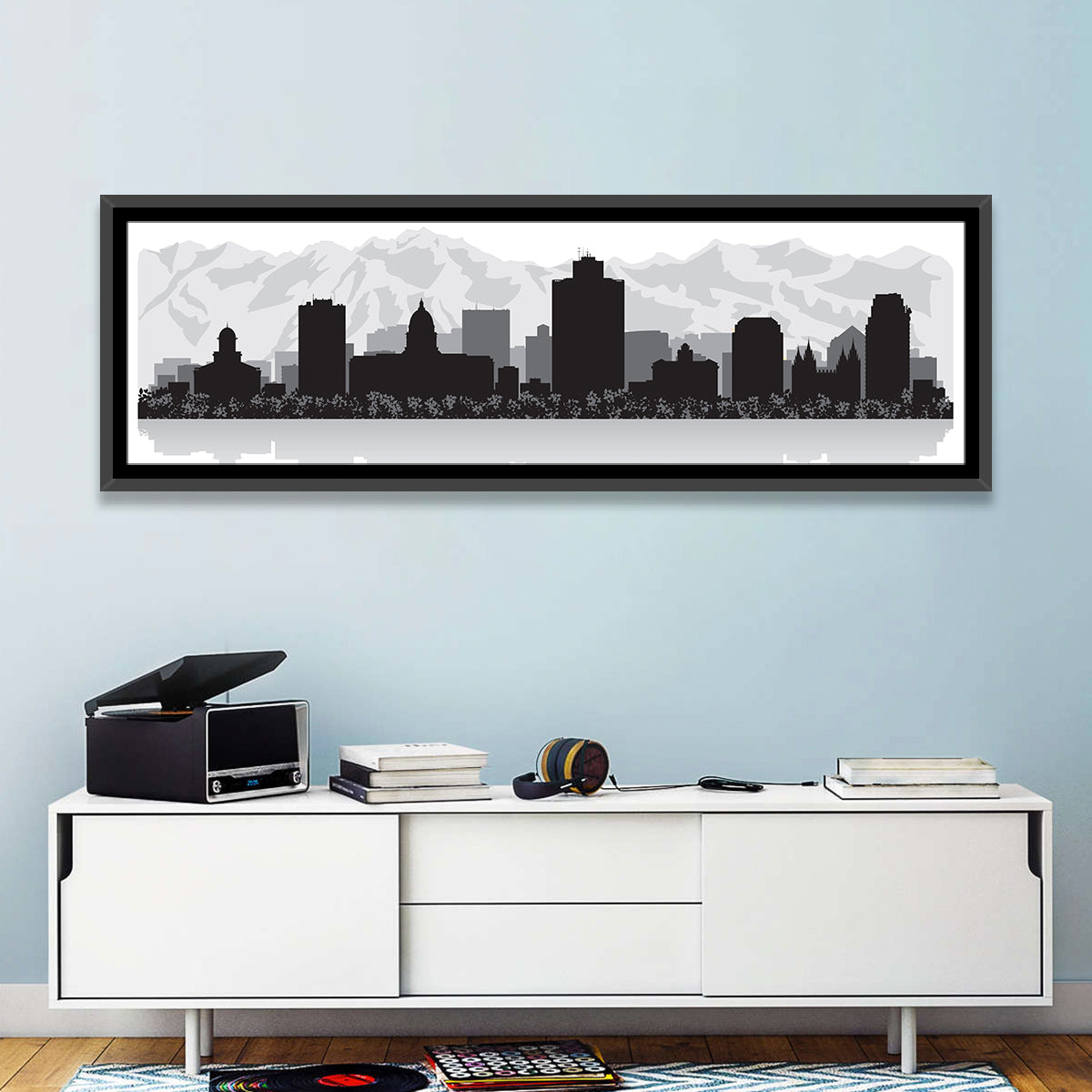 Salt Lake City Skyline Wall Art in a room, panoramic