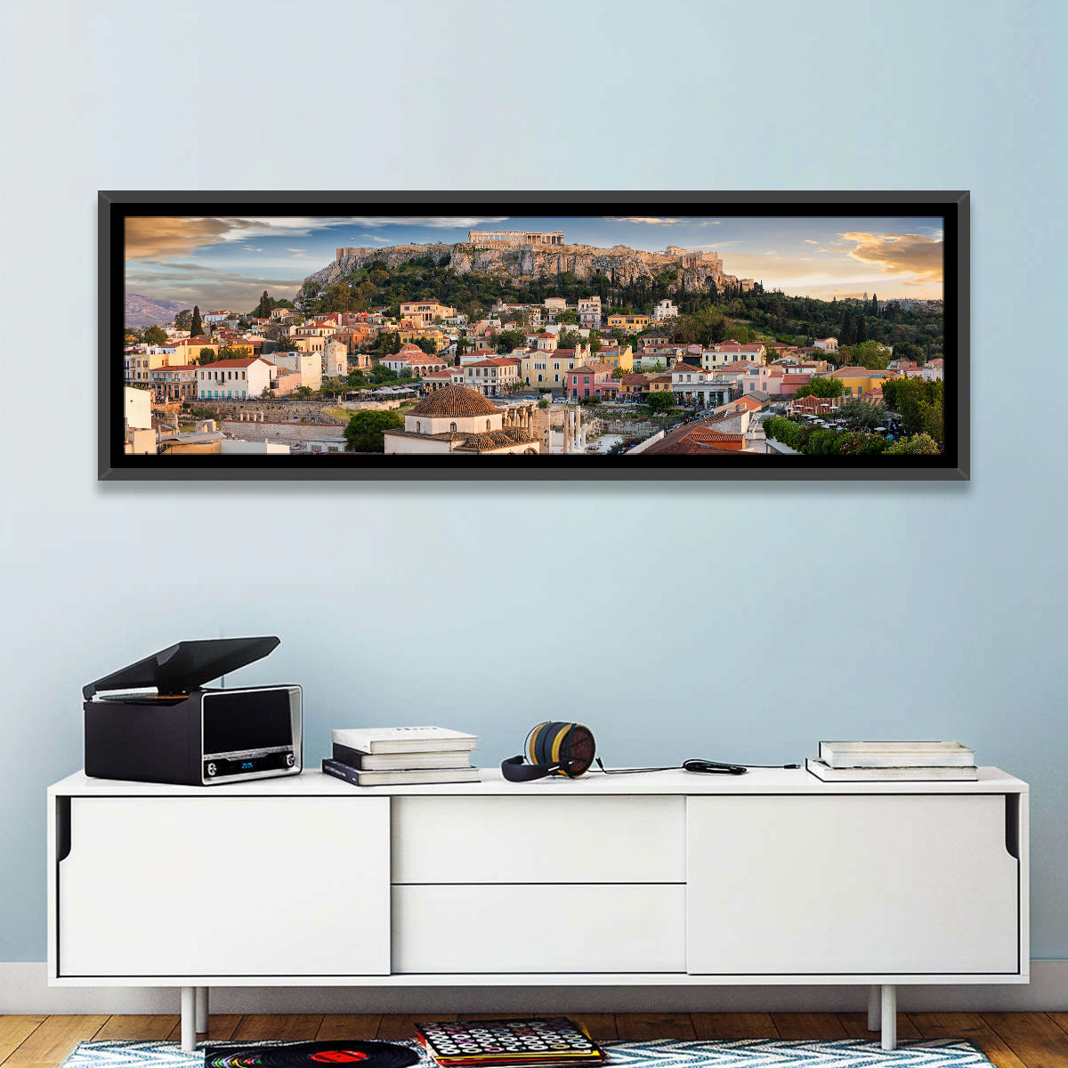 Acropolis and Parthenon Over Athens at Golden Hour Wall Art in a room, panoramic