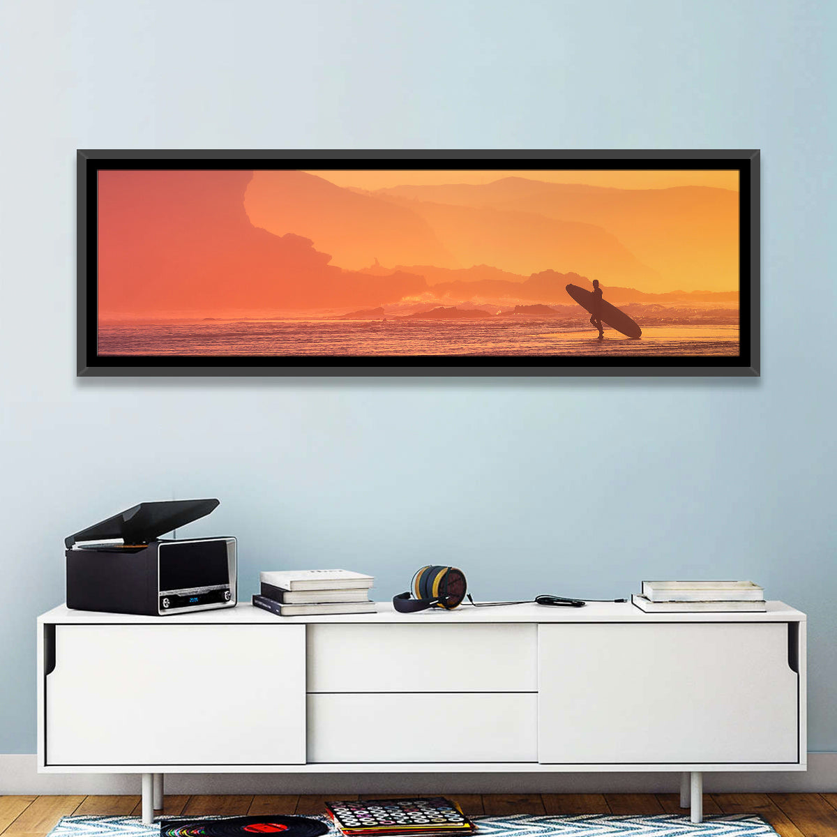 Surfer Silhouette at Golden Sunset Wall Art