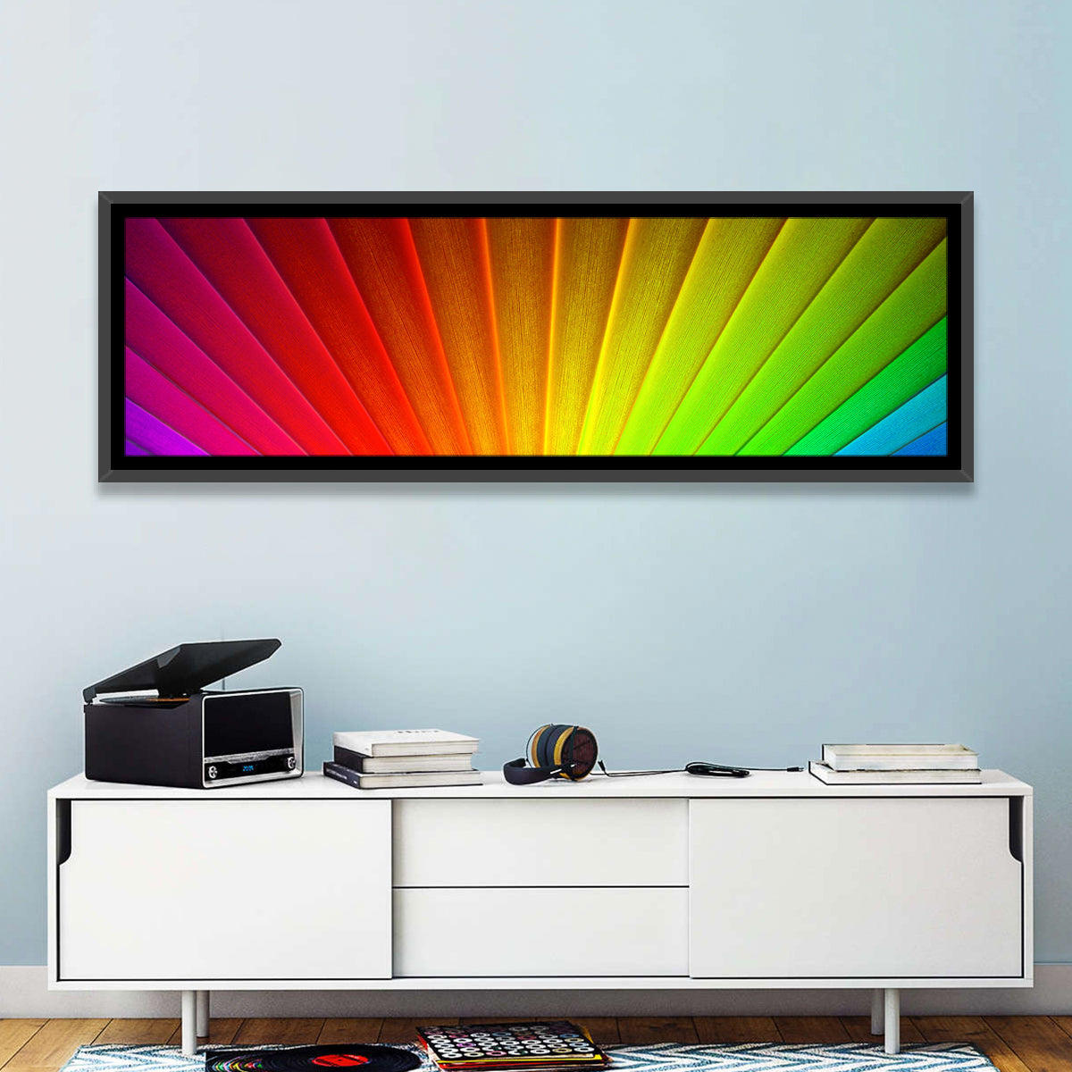Geometric Rainbow Rays Wall Art in a room, panoramic