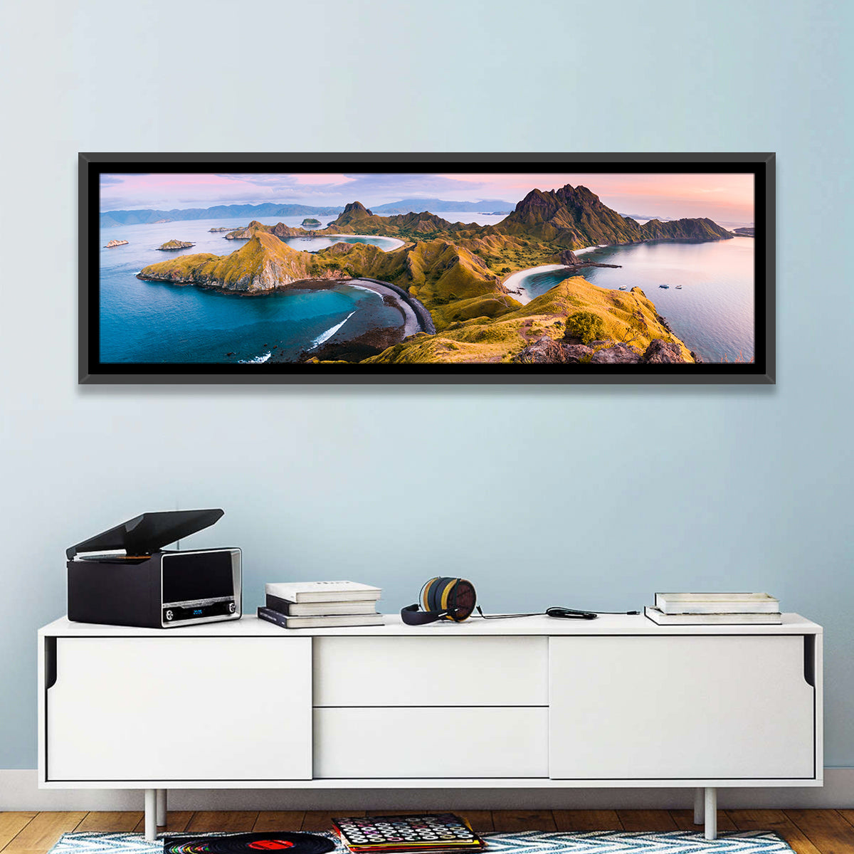 Padar Island Sunrise View Wall Art in a room, panoramic