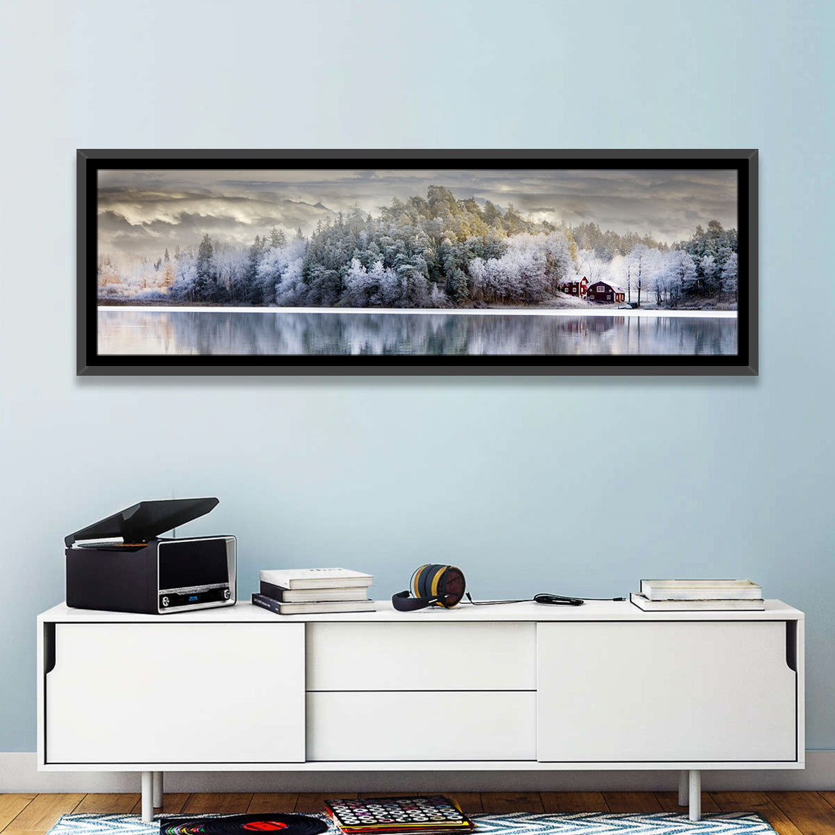 Red Cottage by a Frozen Lake Wall Art