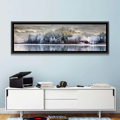 Red Cottage by a Frozen Lake Wall Art