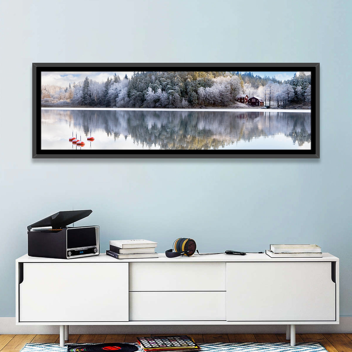 Red Cottages on Winter Lake Wall Art